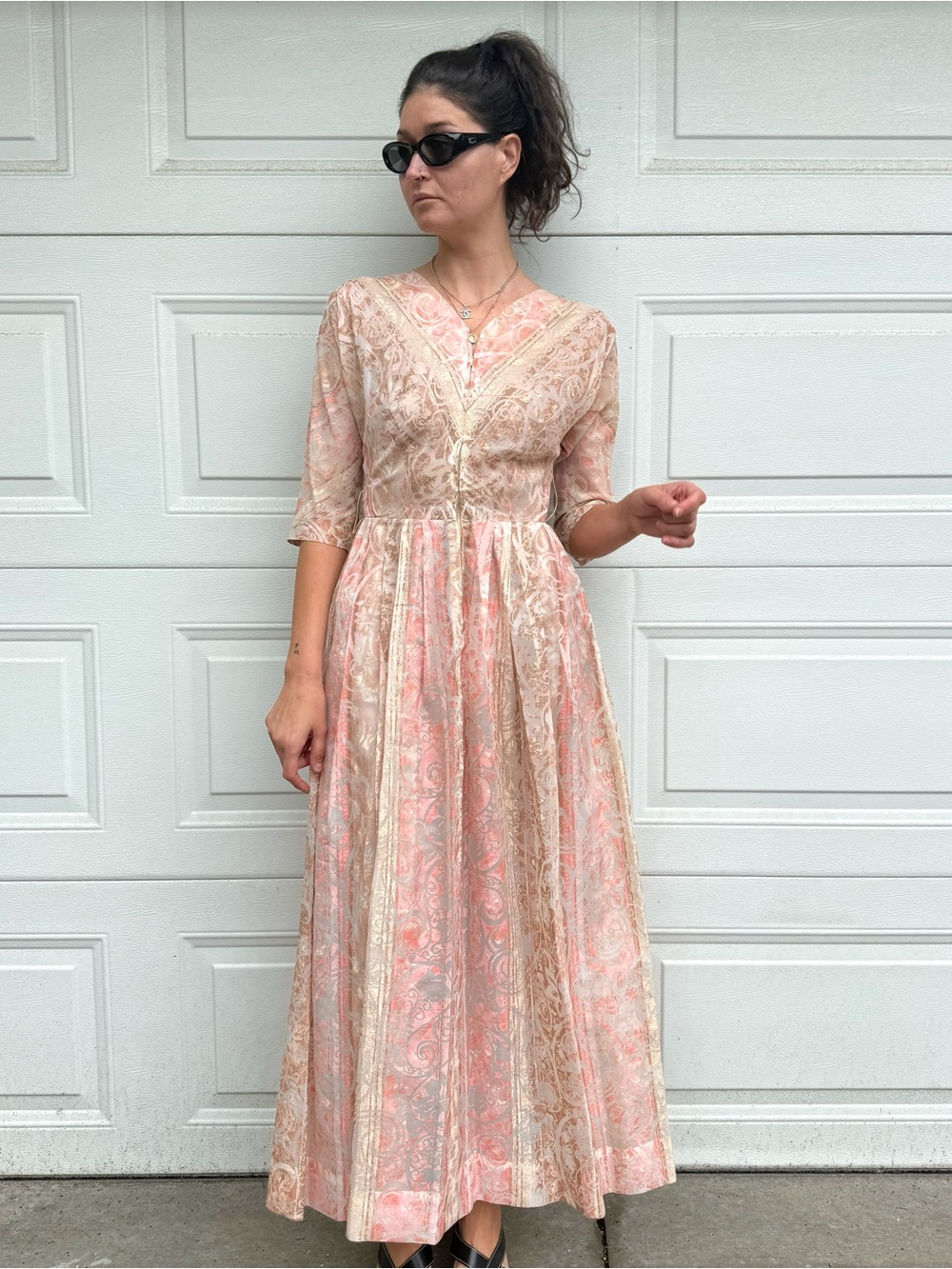 Vintage Pink Maxi Dress Devore Burn Out Long Gown 50s 60s Formal Balletcore